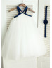 Ivory Tulle Navy Blue Straps Cross Flower Girl Dress 